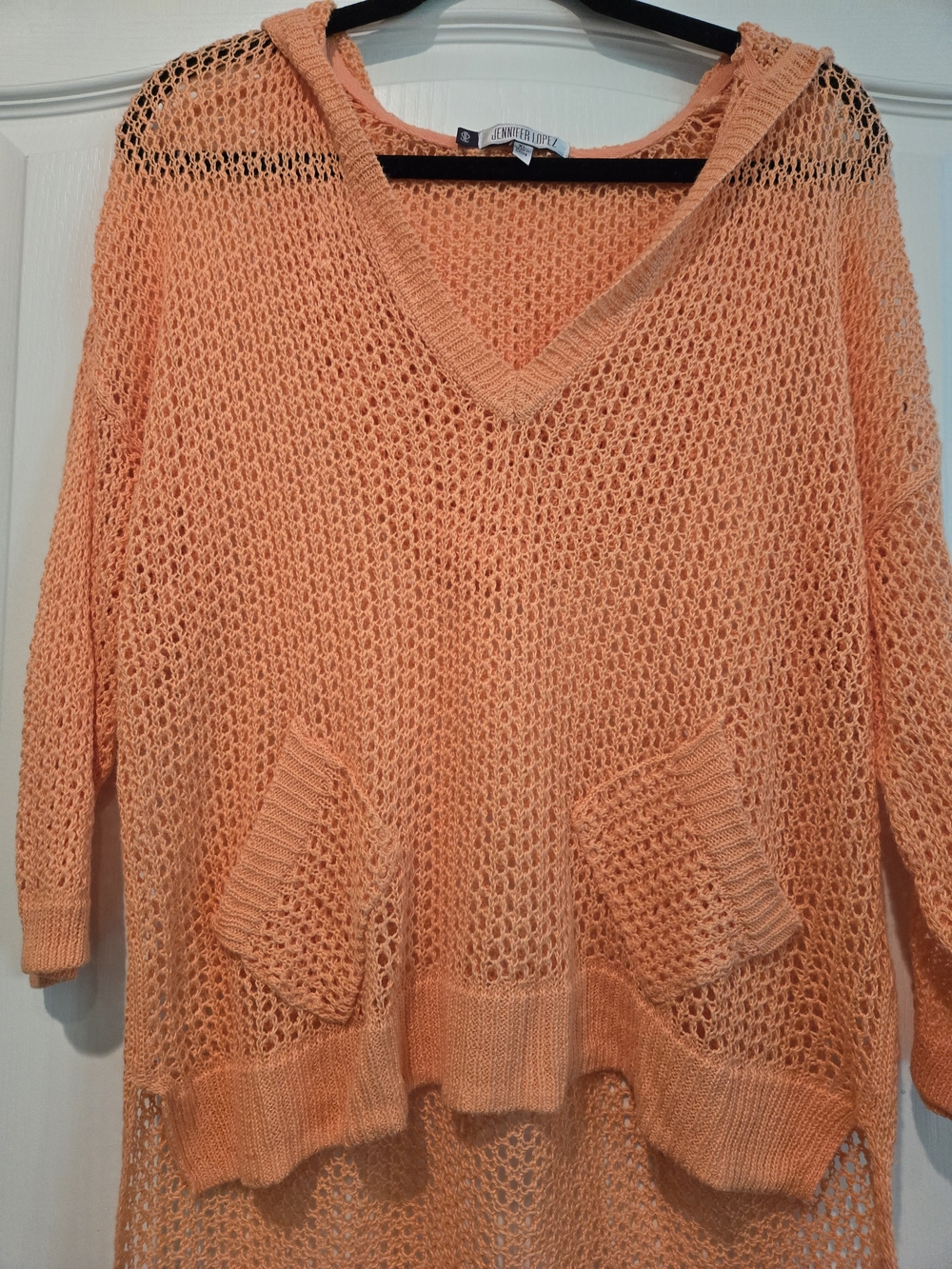 Jennifer Lopez Peach Open-Weave V-Neck Hooded Sweater